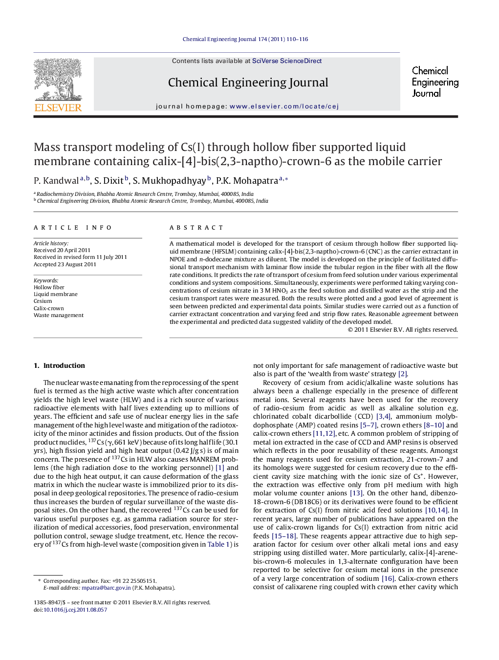 Mass transport modeling of Cs(I) through hollow fiber supported liquid membrane containing calix-[4]-bis(2,3-naptho)-crown-6 as the mobile carrier