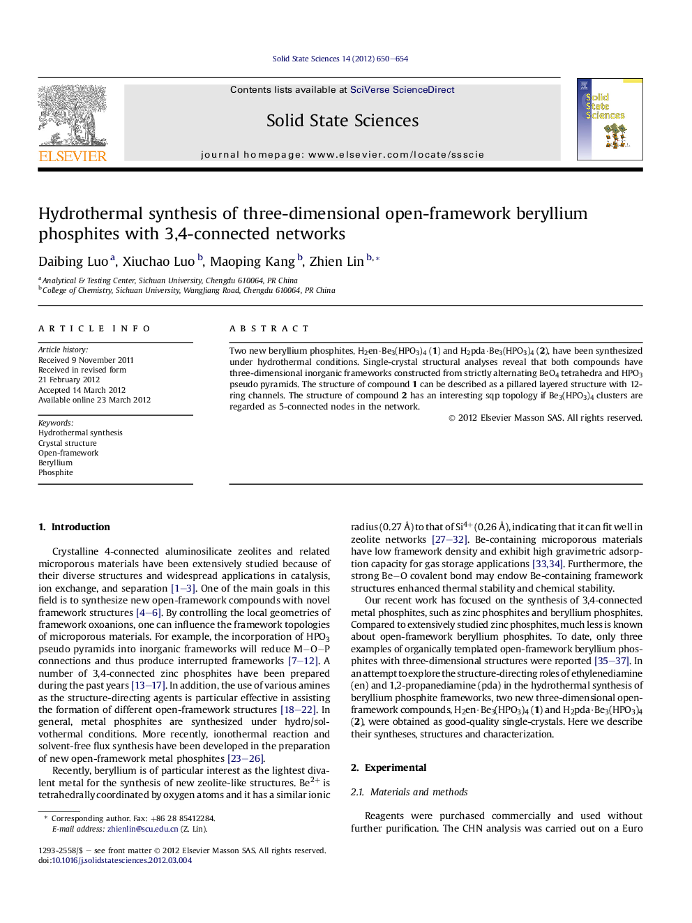 Hydrothermal synthesis of three-dimensional open-framework beryllium phosphites with 3,4-connected networks