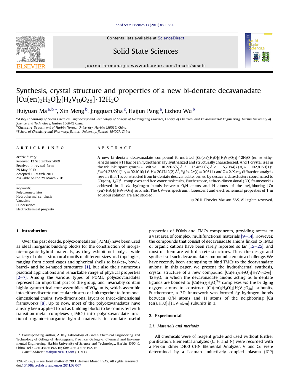 Synthesis, crystal structure and properties of a new bi-dentate decavanadate [Cu(en)2H2O]2[H2V10O28]·12H2O