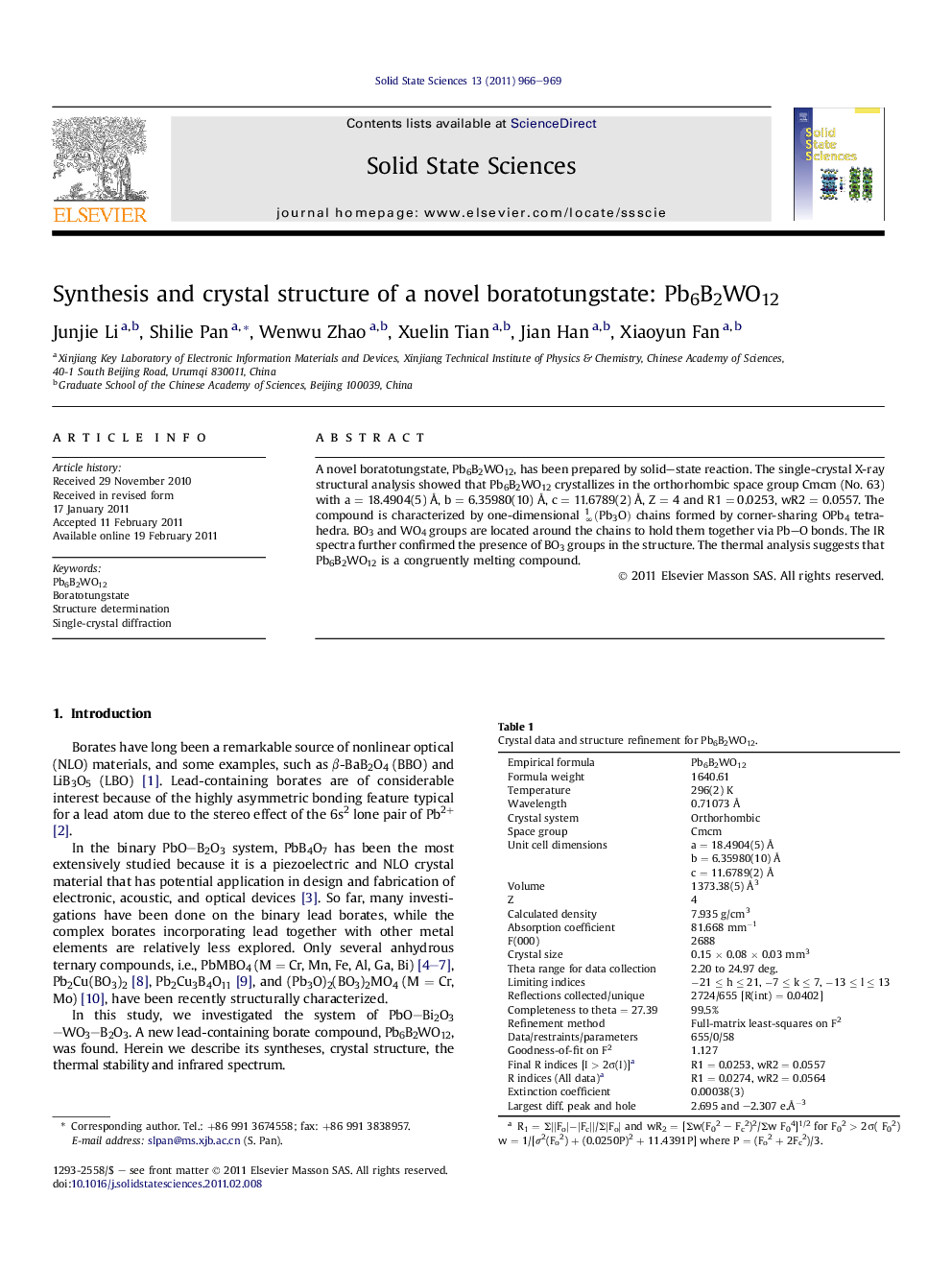 Synthesis and crystal structure of a novel boratotungstate: Pb6B2WO12