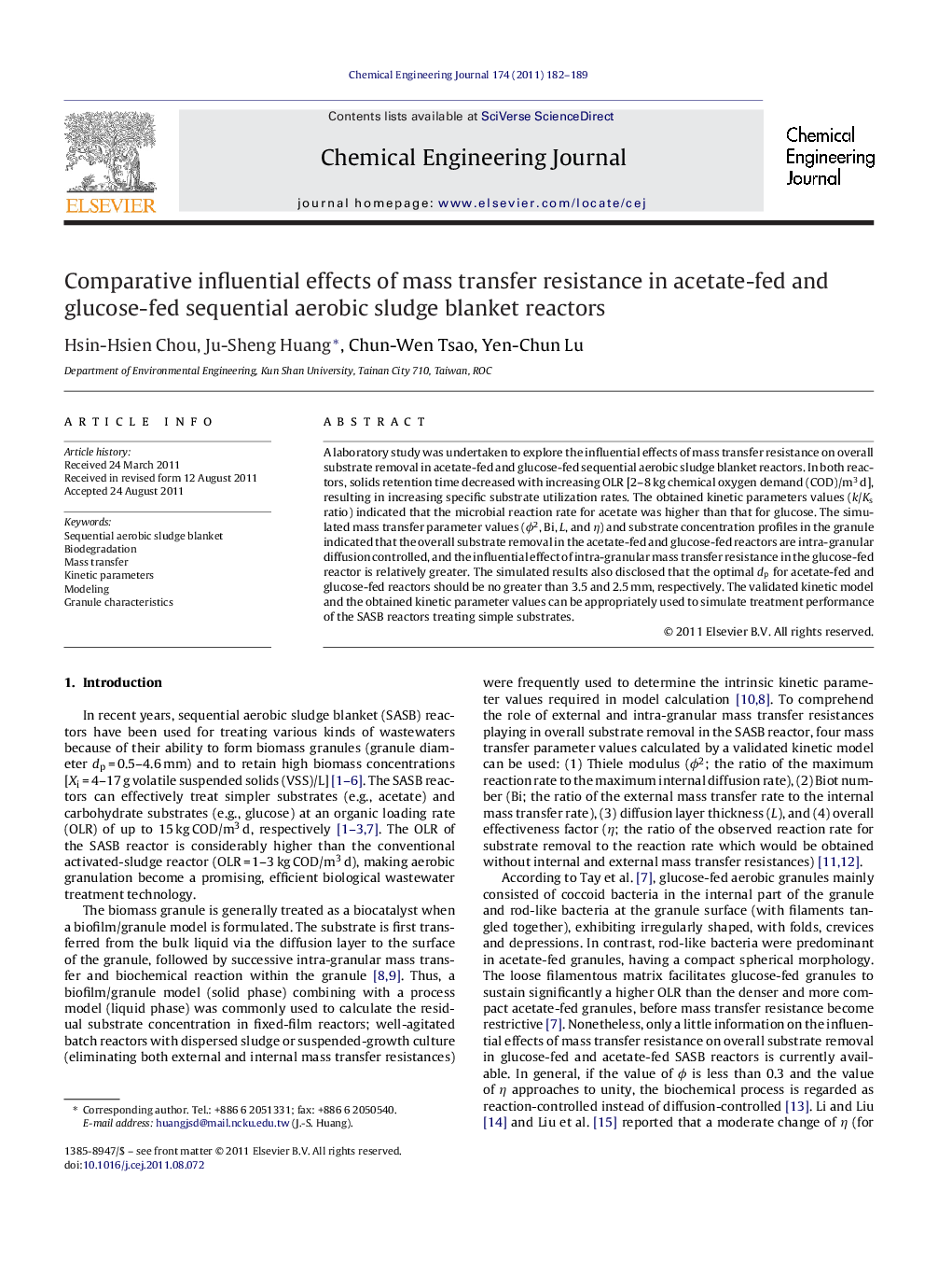 Comparative influential effects of mass transfer resistance in acetate-fed and glucose-fed sequential aerobic sludge blanket reactors