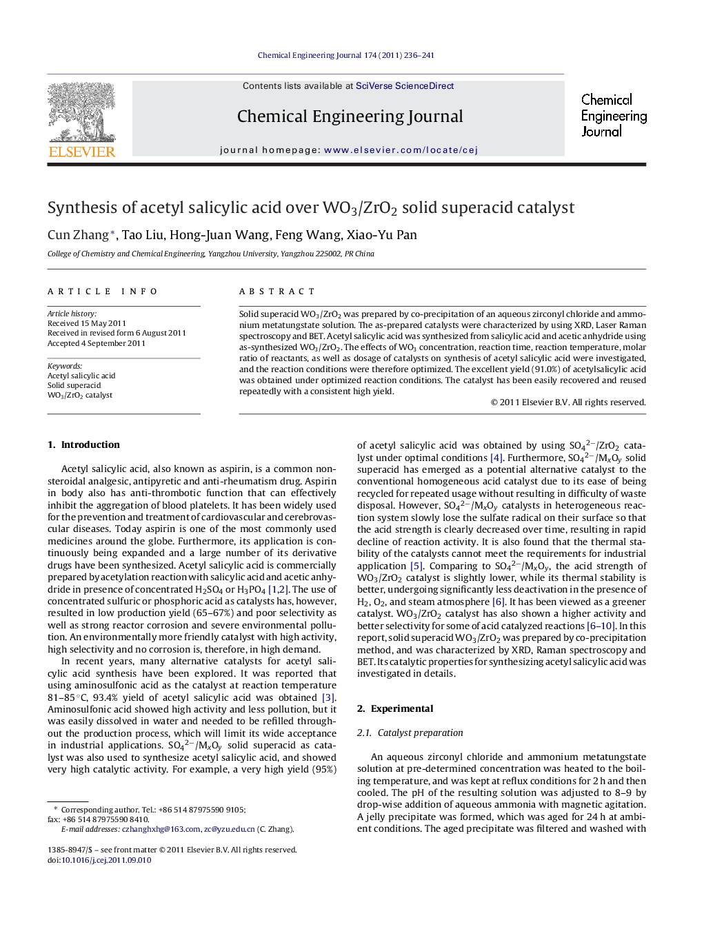 Synthesis of acetyl salicylic acid over WO3/ZrO2 solid superacid catalyst