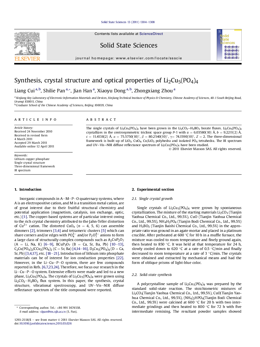 Synthesis, crystal structure and optical properties of Li2Cu5(PO4)4