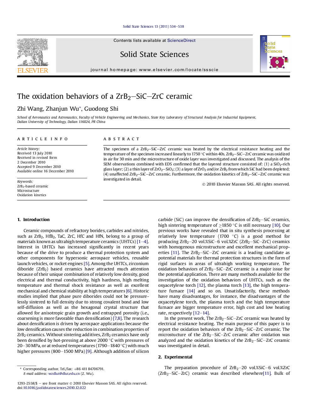 The oxidation behaviors of a ZrB2–SiC–ZrC ceramic