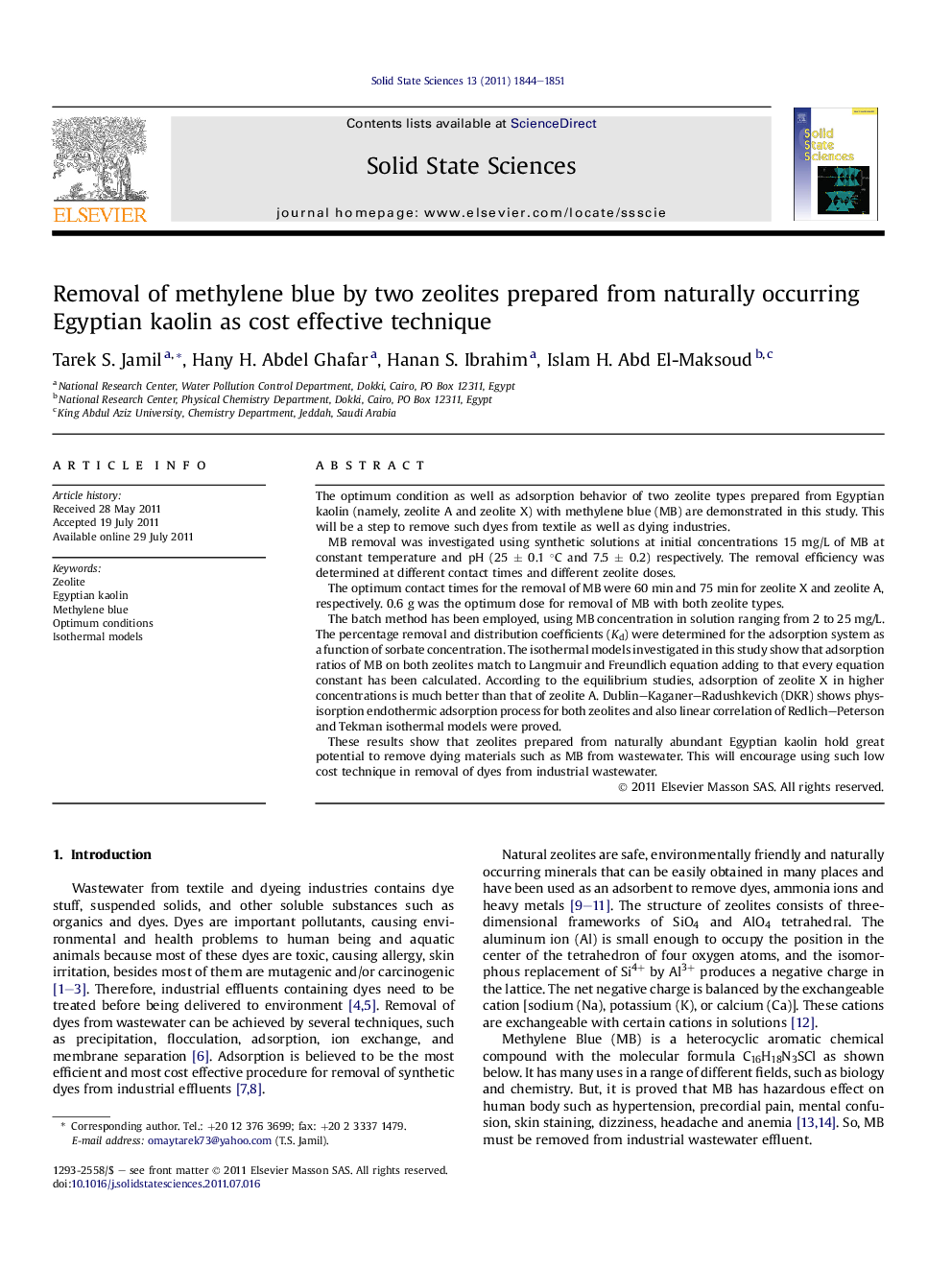 Removal of methylene blue by two zeolites prepared from naturally occurring Egyptian kaolin as cost effective technique