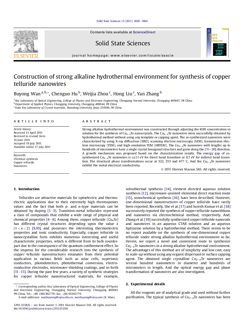 Construction of strong alkaline hydrothermal environment for synthesis of copper telluride nanowires