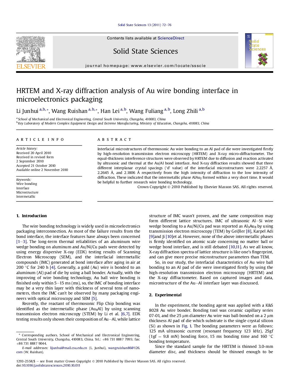 HRTEM and X-ray diffraction analysis of Au wire bonding interface in microelectronics packaging