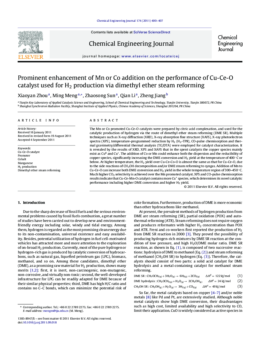 Prominent enhancement of Mn or Co addition on the performance of Cu-Ce-O catalyst used for H2 production via dimethyl ether steam reforming