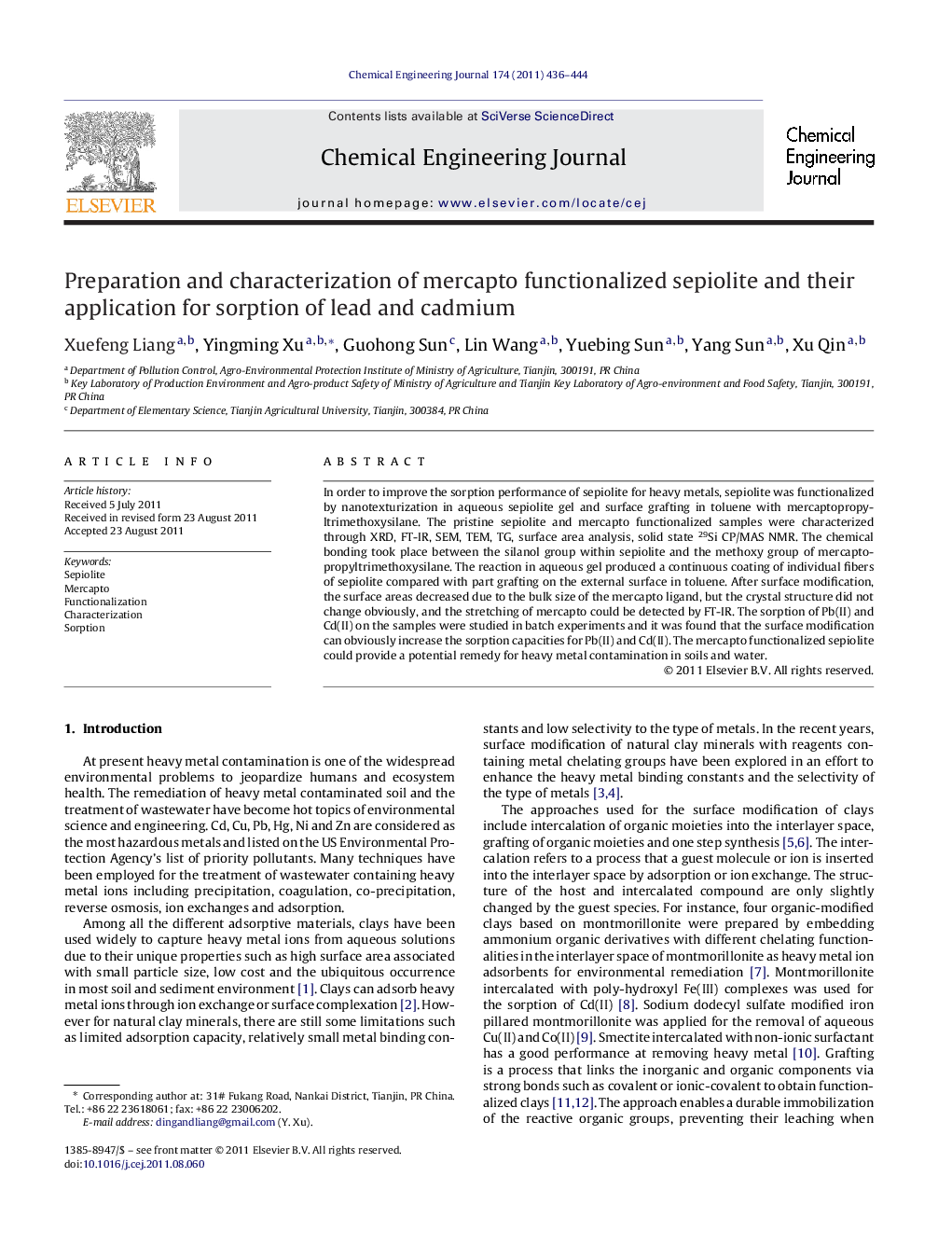 Preparation and characterization of mercapto functionalized sepiolite and their application for sorption of lead and cadmium