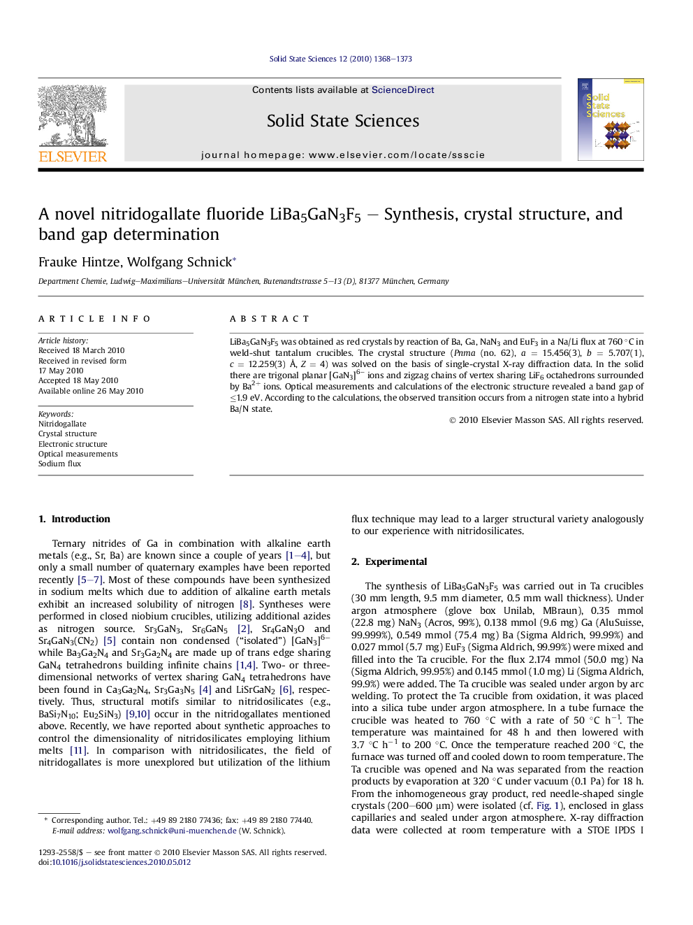 A novel nitridogallate fluoride LiBa5GaN3F5 – Synthesis, crystal structure, and band gap determination