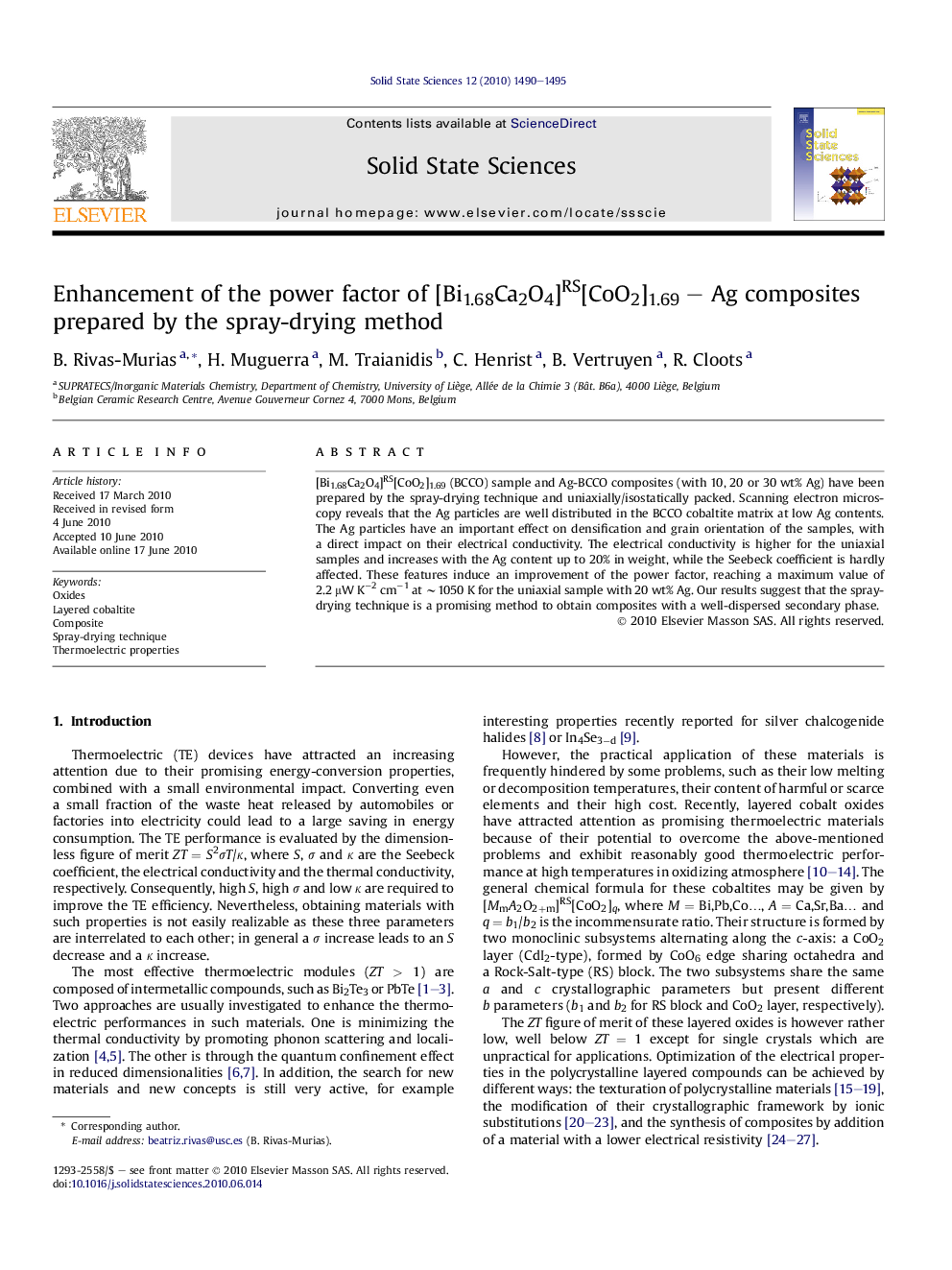 Enhancement of the power factor of [Bi1.68Ca2O4]RS[CoO2]1.69 – Ag composites prepared by the spray-drying method