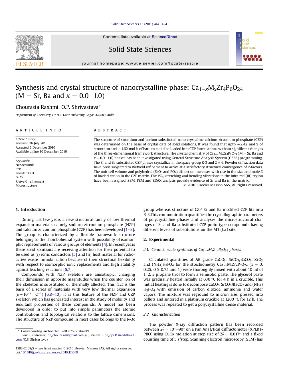 Synthesis and crystal structure of nanocrystalline phase: Ca1−xMxZr4P6O24 (M = Sr, Ba and x = 0.0–1.0)