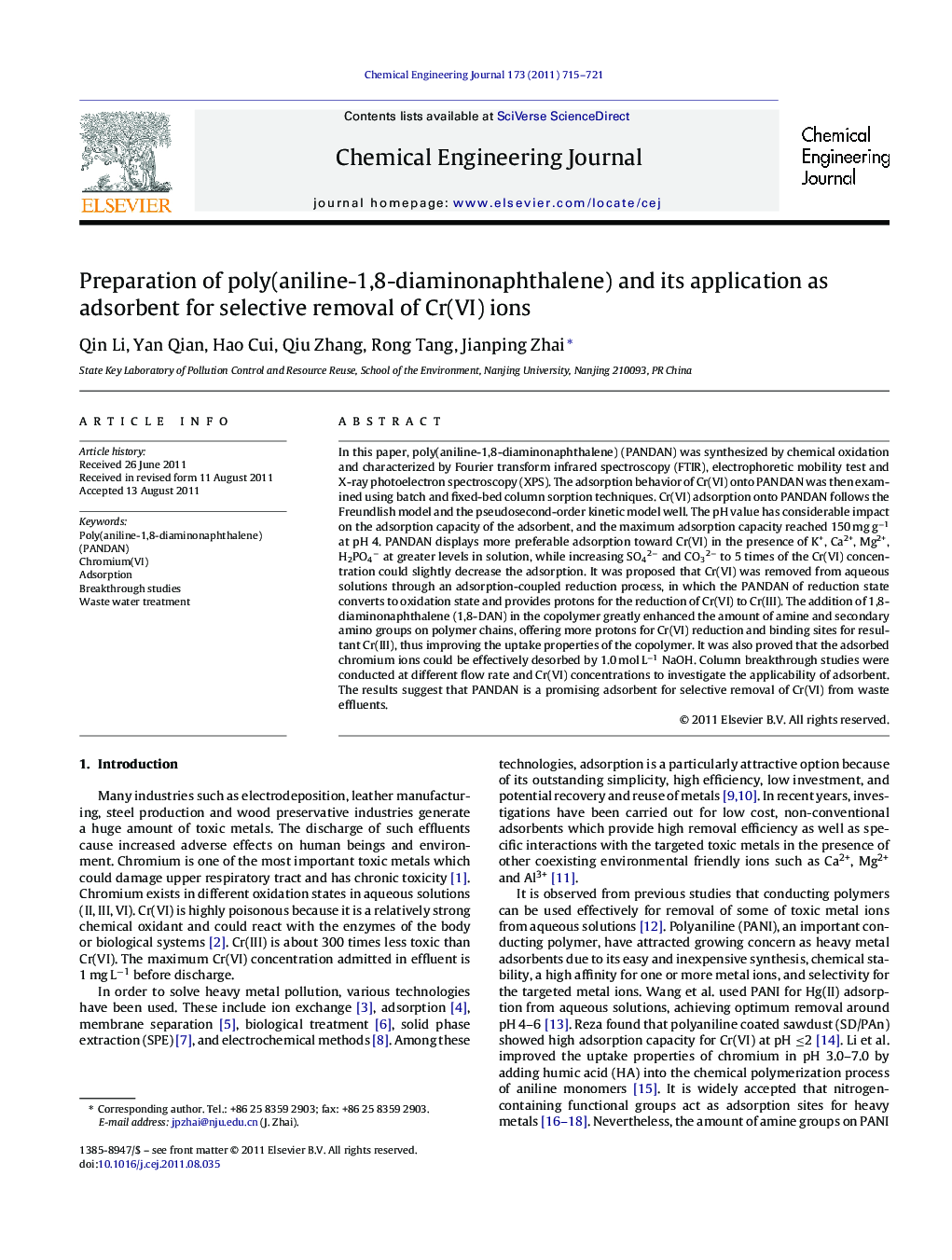 Preparation of poly(aniline-1,8-diaminonaphthalene) and its application as adsorbent for selective removal of Cr(VI) ions