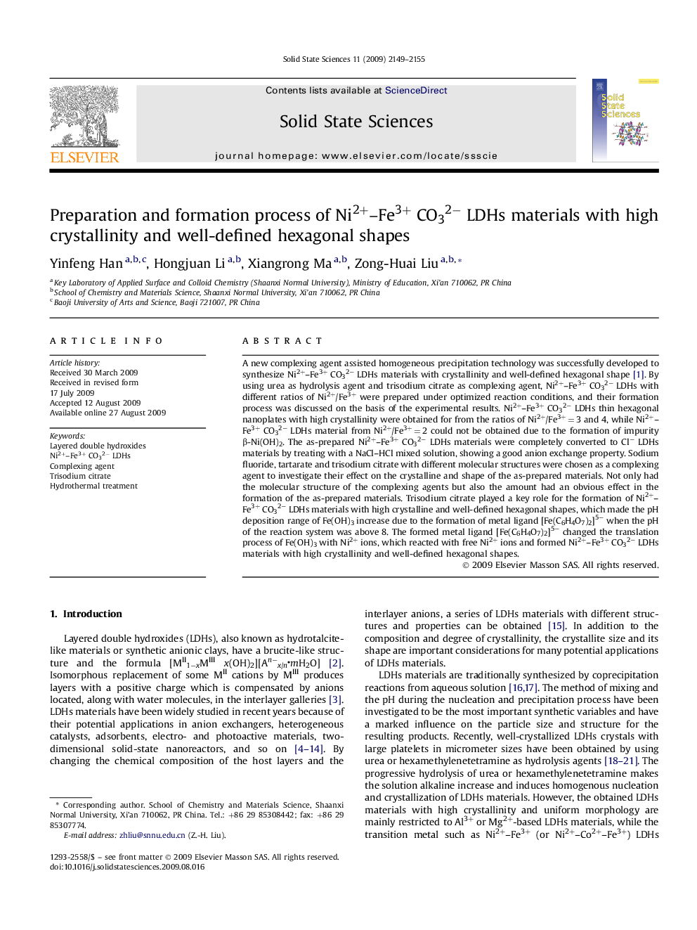 Preparation and formation process of Ni2+–Fe3+ CO32− LDHs materials with high crystallinity and well-defined hexagonal shapes