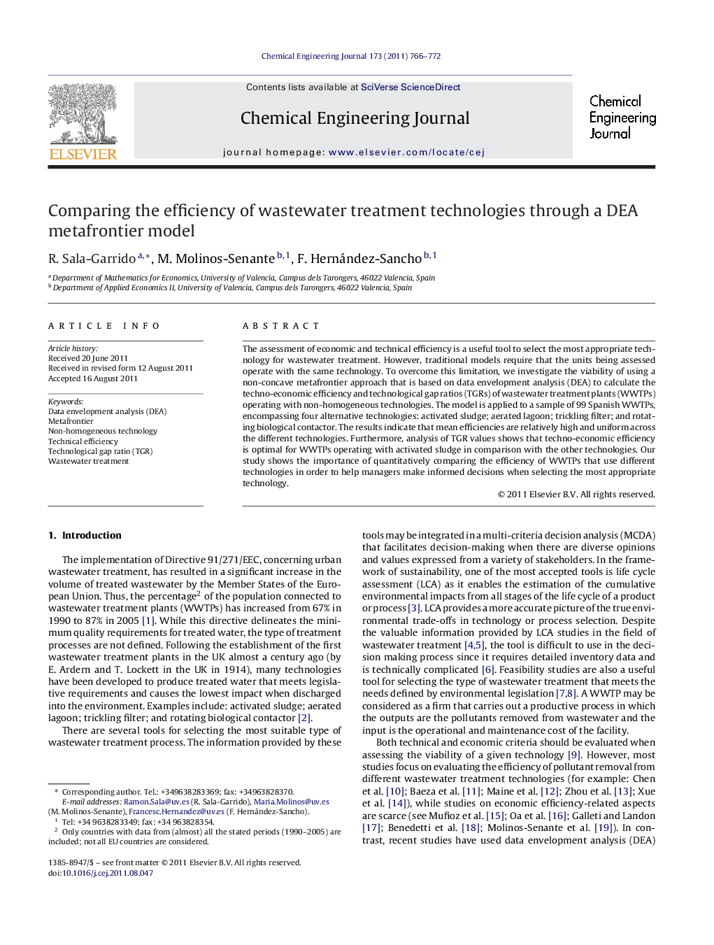 Comparing the efficiency of wastewater treatment technologies through a DEA metafrontier model