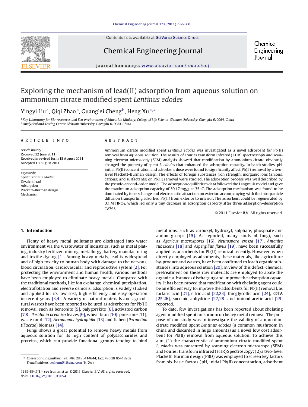 عکس صفحه اول مقاله: Exploring the mechanism of lead(II) adsorption from aqueous solution on ammonium citrate modified spent Lentinus edodes Exploring the mechanism of lead(II) adsorption from aqueous solution on ammonium citrate modified spent Lentinus edodes