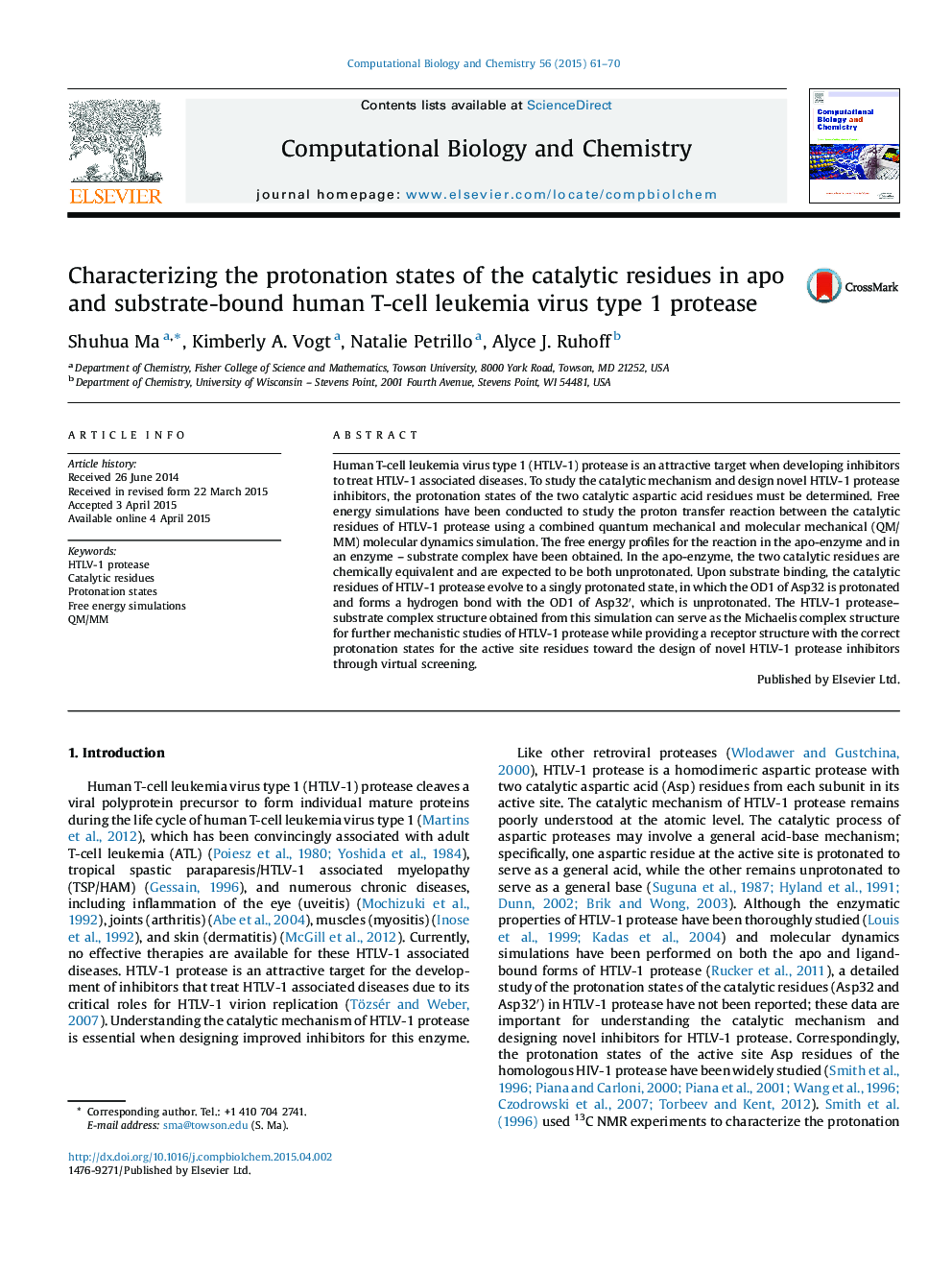 Characterizing the protonation states of the catalytic residues in apo and substrate-bound human T-cell leukemia virus type 1 protease