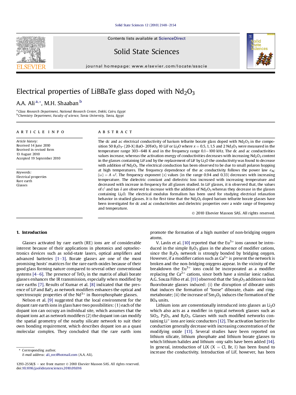 Electrical properties of LiBBaTe glass doped with Nd2O3