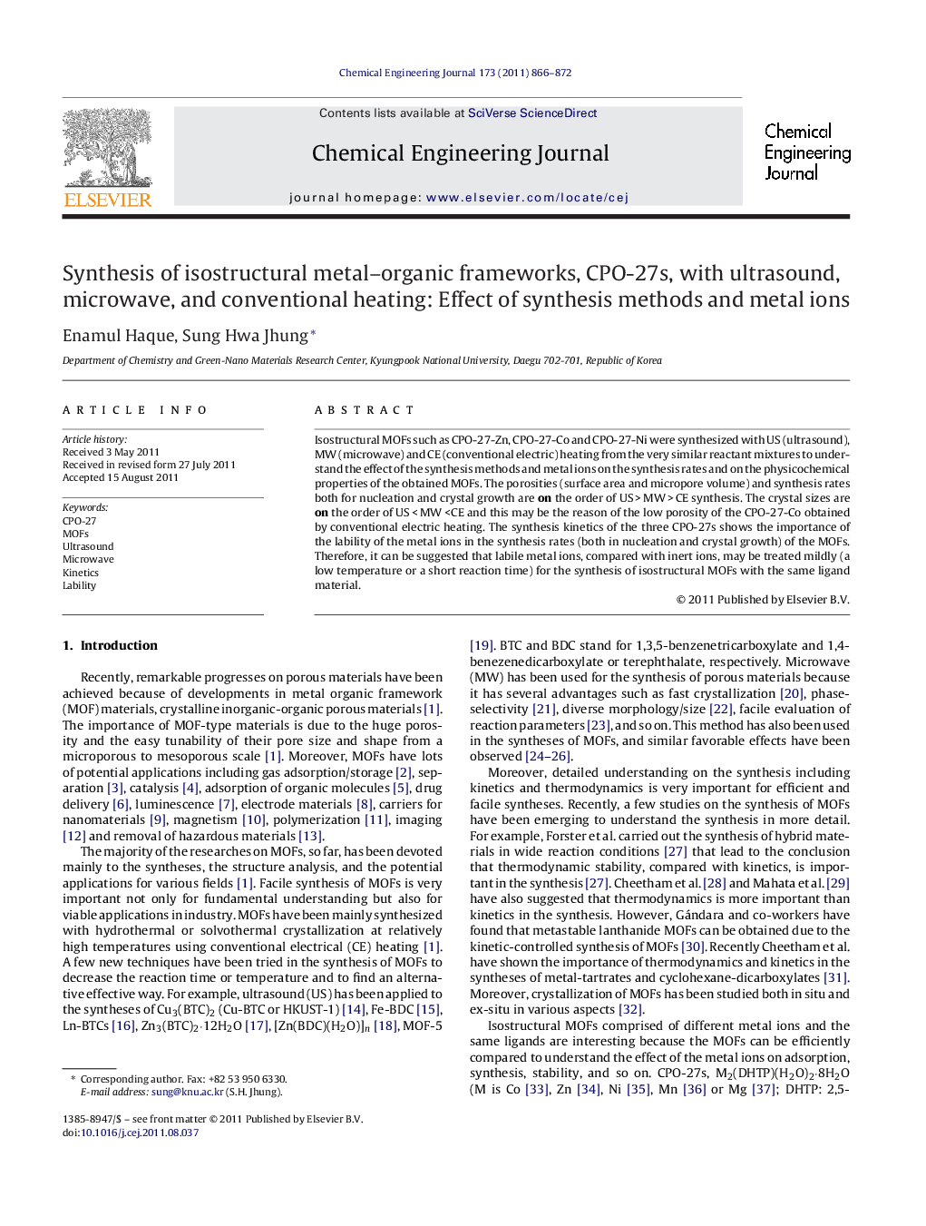 عکس صفحه اول مقاله: Synthesis of isostructural metal–organic frameworks, CPO-27s, with ultrasound, microwave, and conventional heating: Effect of synthesis methods and metal ions Synthesis of isostructural metal–organic frameworks, CPO-27s, with ultrasound, microwave, and conventional heating: Effect of synthesis methods and metal ions