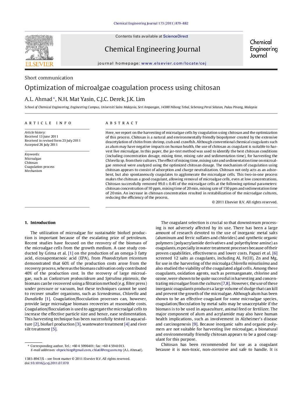 Optimization of microalgae coagulation process using chitosan