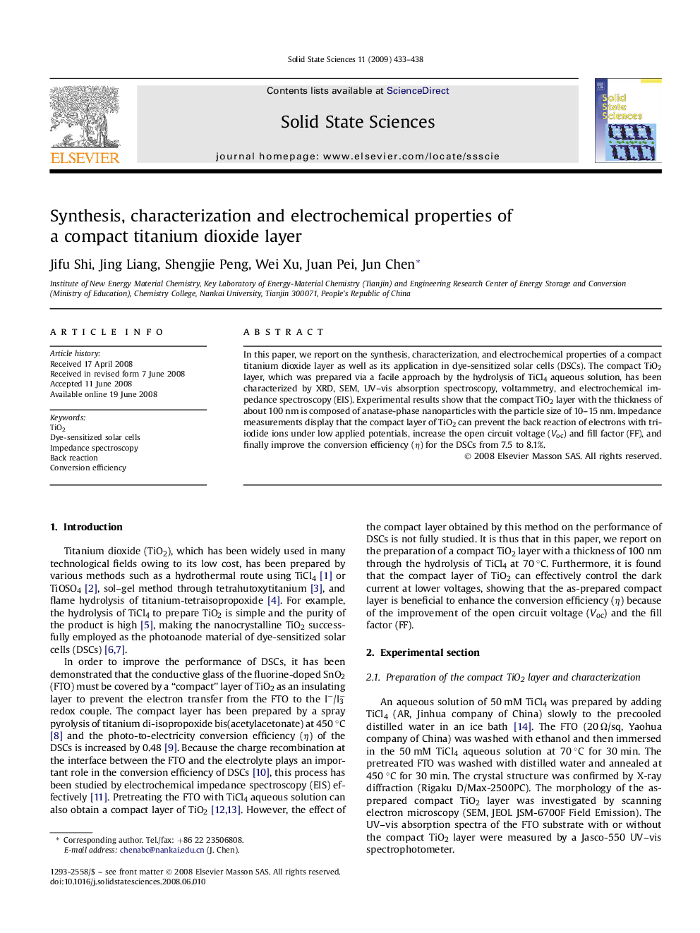 Synthesis, characterization and electrochemical properties of a compact titanium dioxide layer