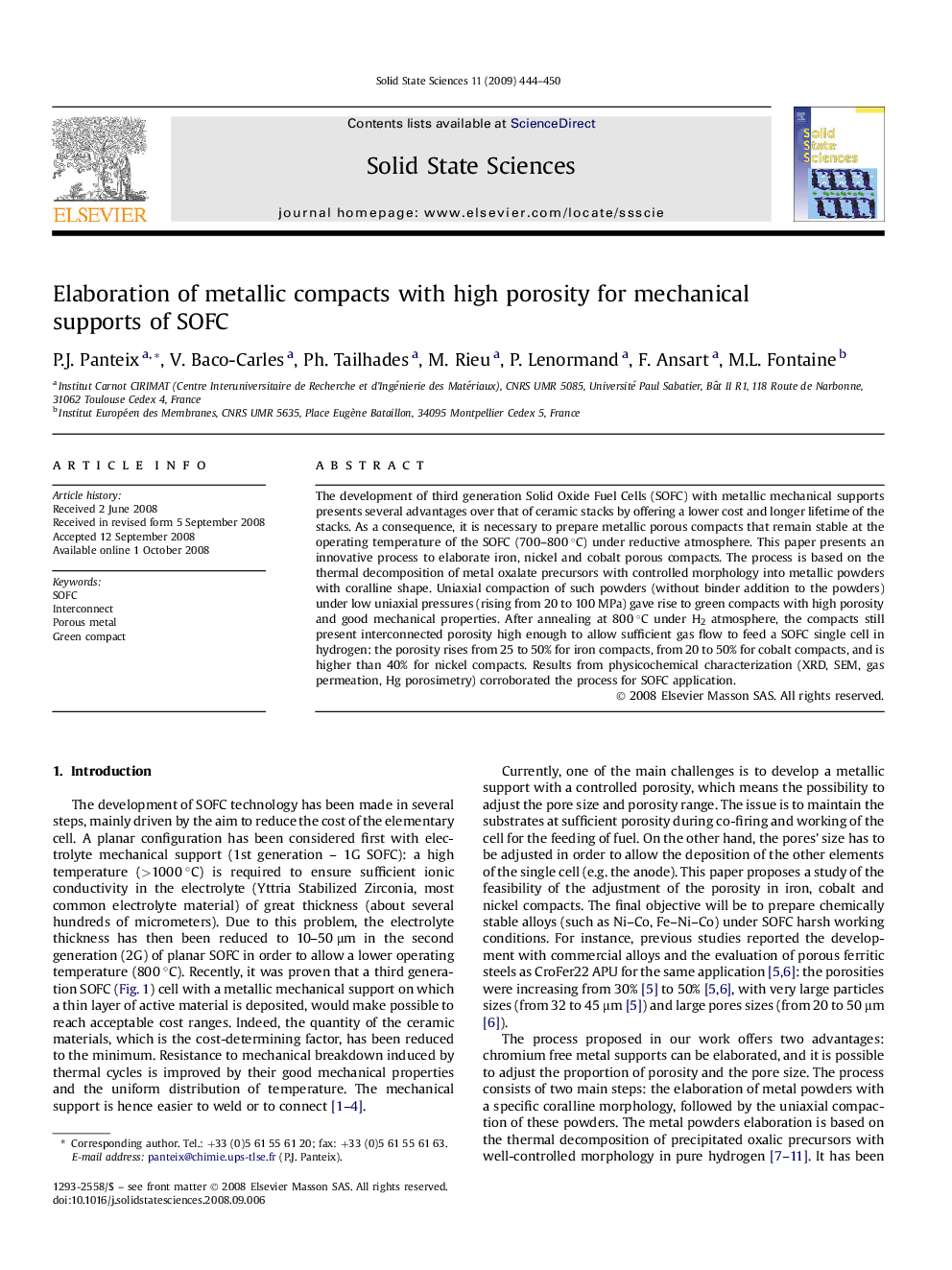 Elaboration of metallic compacts with high porosity for mechanical supports of SOFC