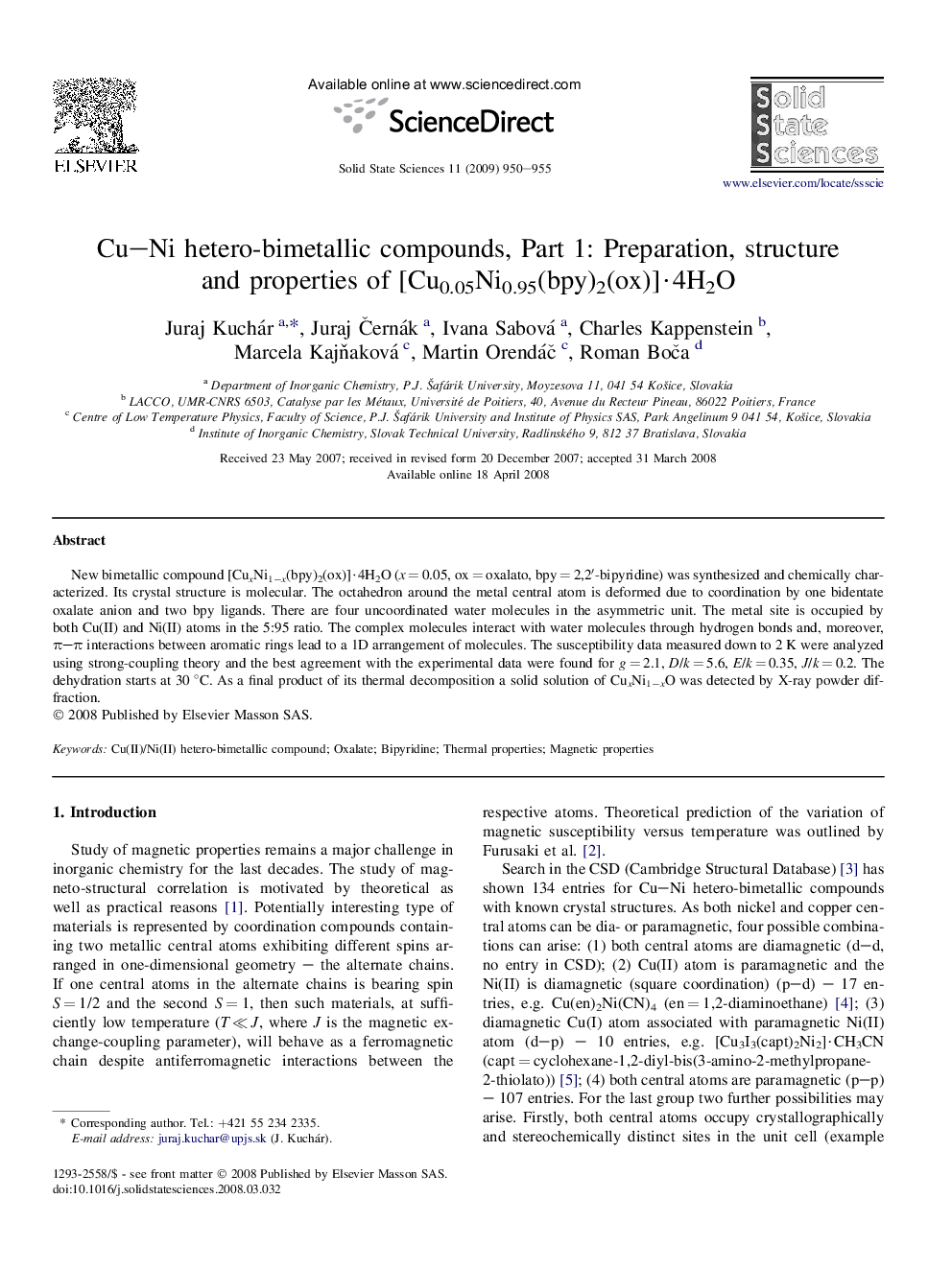 Cu–Ni hetero-bimetallic compounds, Part 1: Preparation, structure and properties of [Cu0.05Ni0.95(bpy)2(ox)]·4H2O