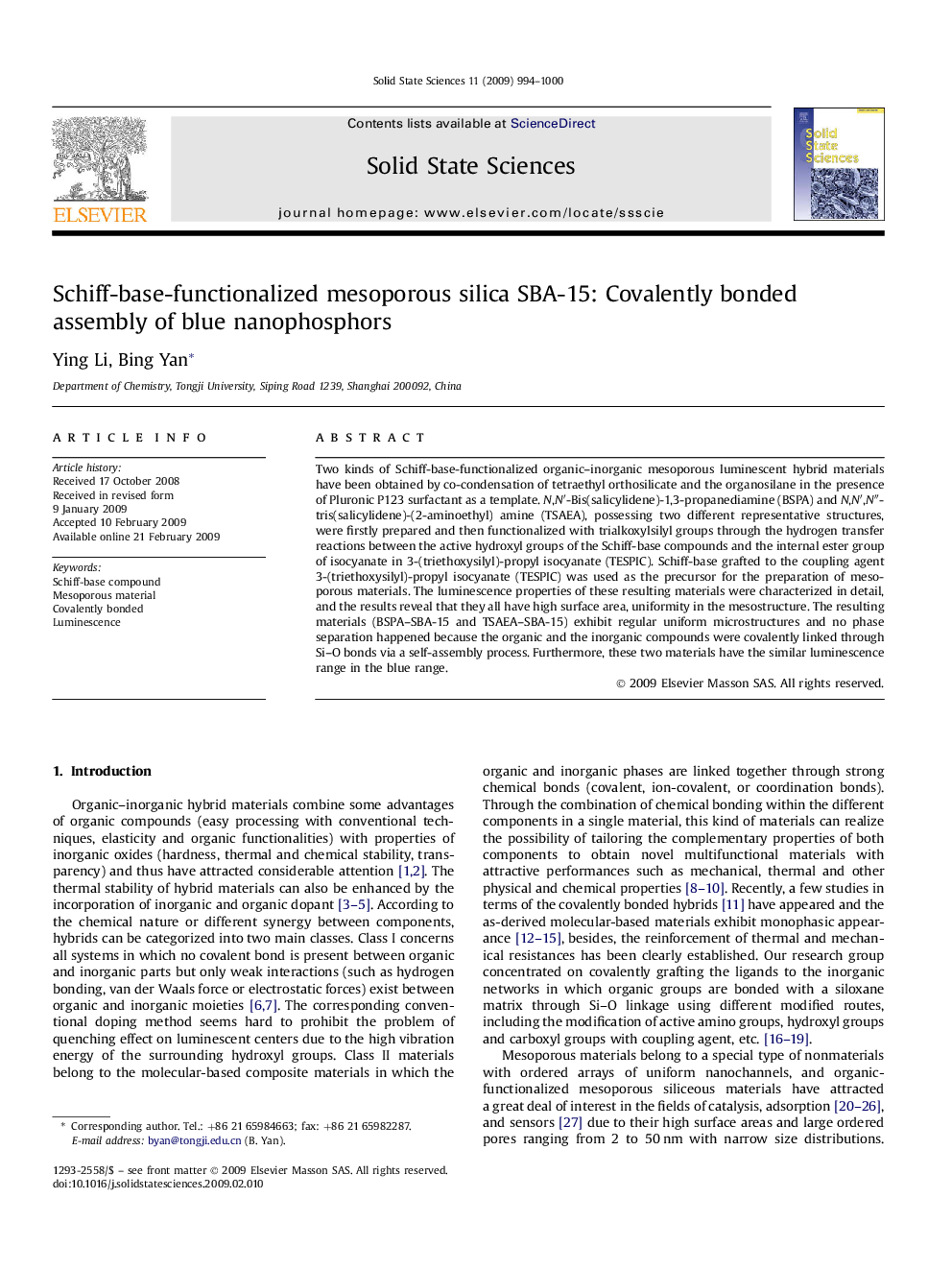 Schiff-base-functionalized mesoporous silica SBA-15: Covalently bonded assembly of blue nanophosphors