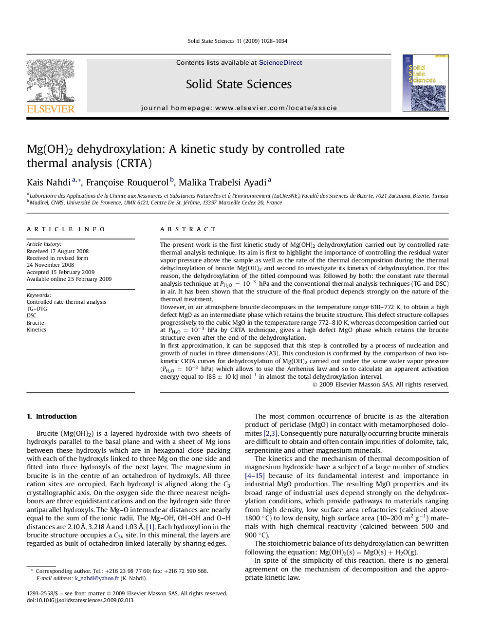 Mg(OH)2 dehydroxylation: A kinetic study by controlled rate thermal analysis (CRTA)