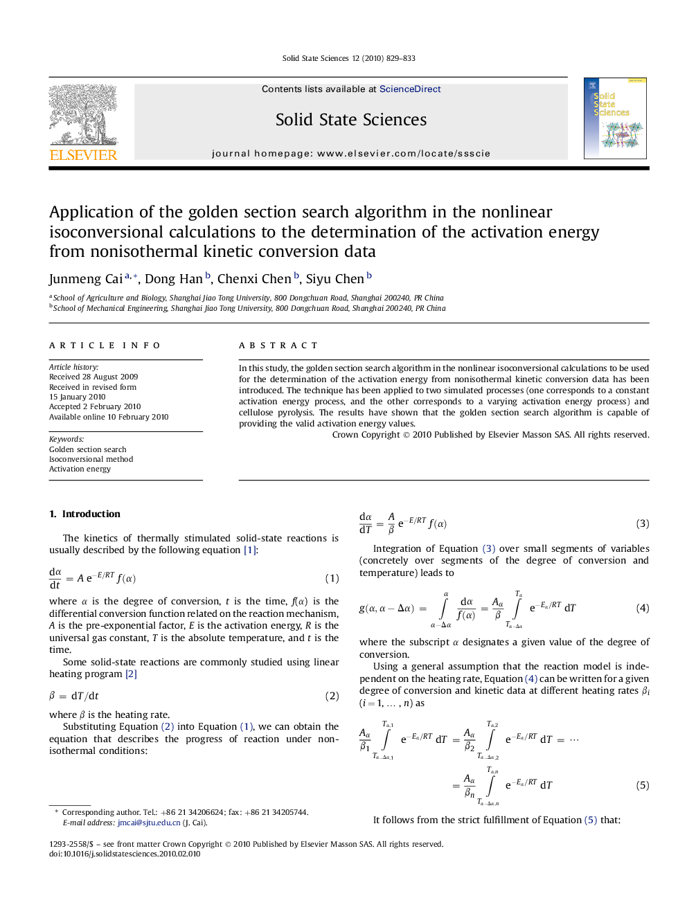 Application of the golden section search algorithm in the nonlinear isoconversional calculations to the determination of the activation energy from nonisothermal kinetic conversion data