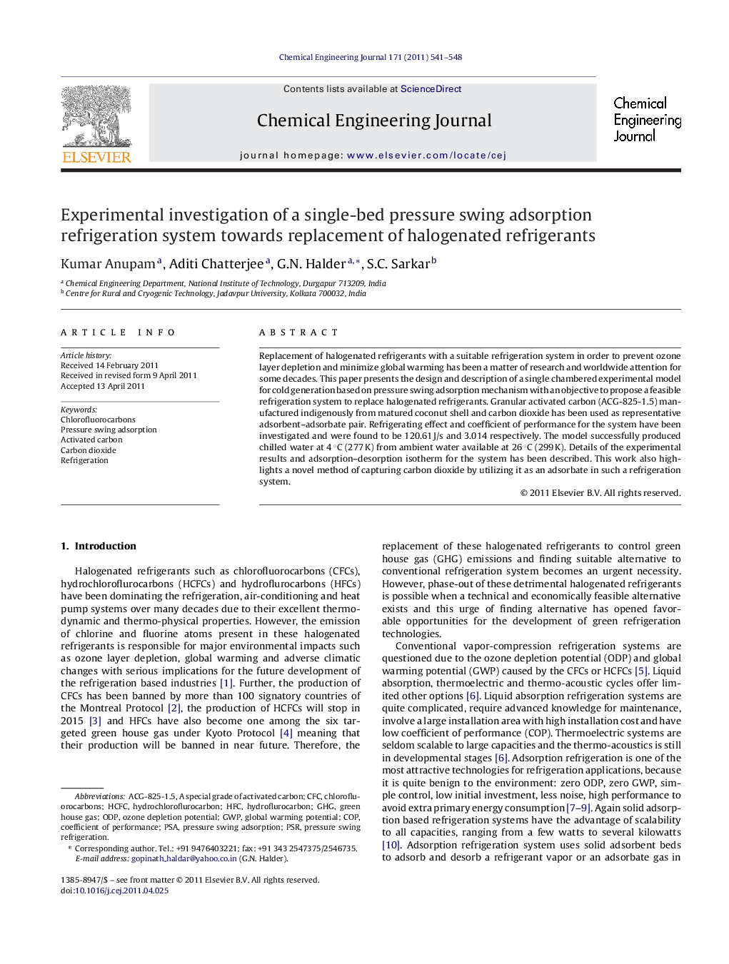 Experimental investigation of a single-bed pressure swing adsorption refrigeration system towards replacement of halogenated refrigerants