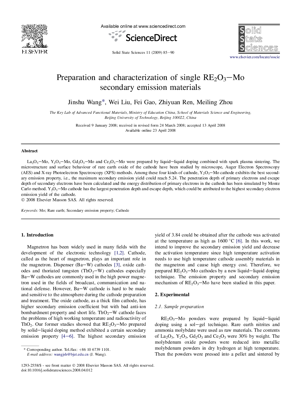 عکس صفحه اول مقاله: Preparation and characterization of single RE2O3-Mo secondary emission materials Preparation and characterization of single RE2O3-Mo secondary emission materials