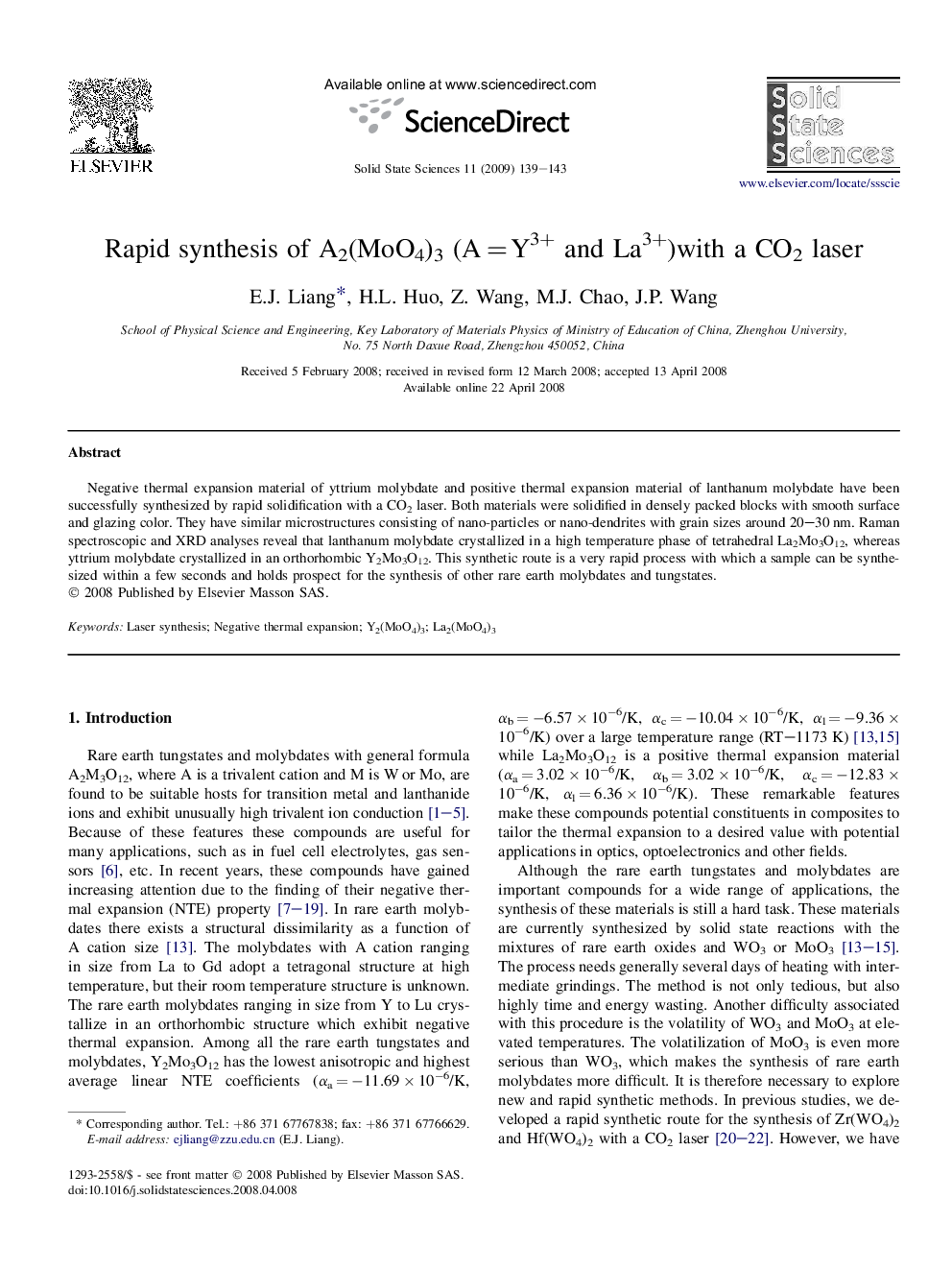 Rapid synthesis of A2(MoO4)3 (A = Y3+ and La3+)with a CO2 laser