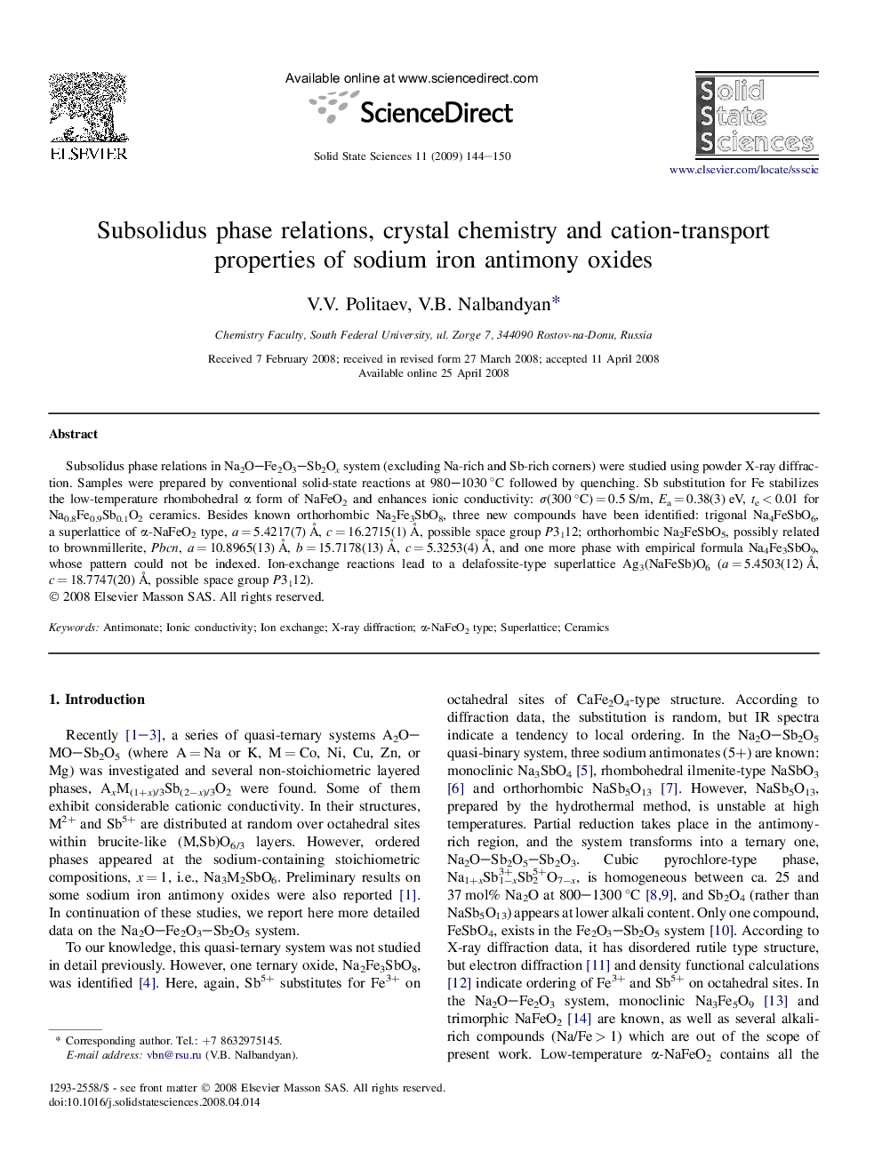 Subsolidus phase relations, crystal chemistry and cation-transport properties of sodium iron antimony oxides