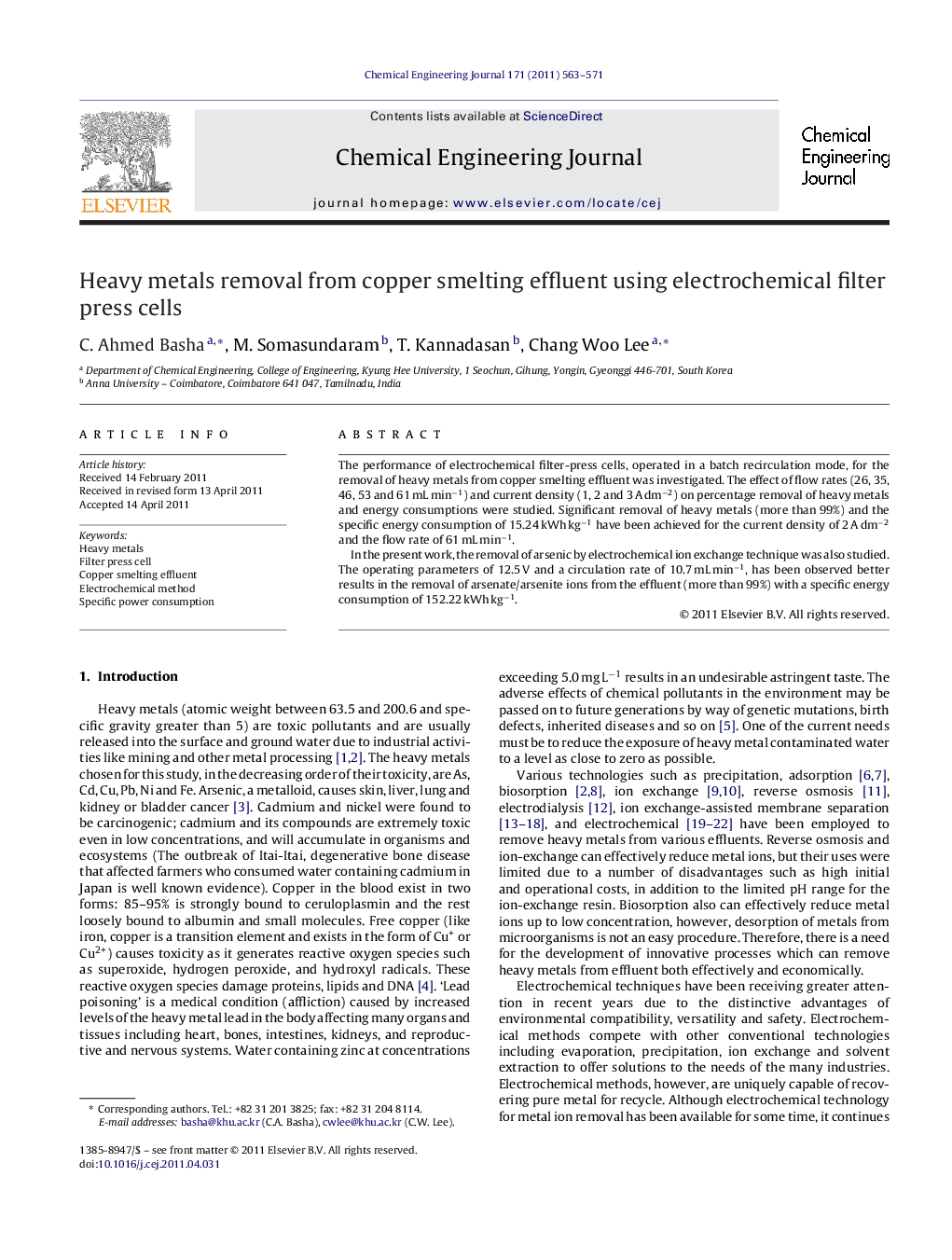 Heavy metals removal from copper smelting effluent using electrochemical filter press cells