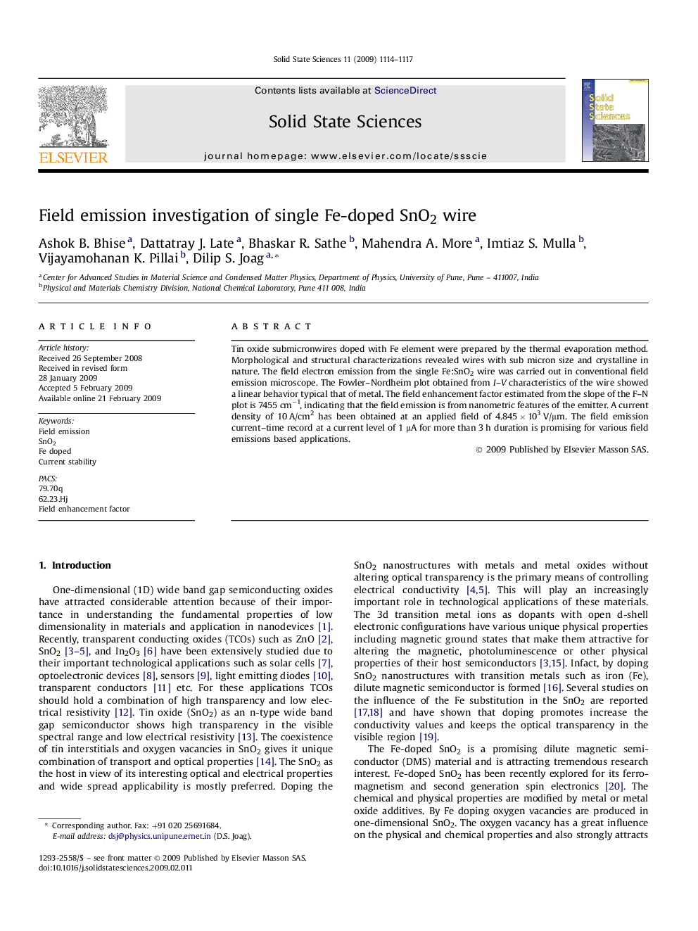 Field emission investigation of single Fe-doped SnO2 wire