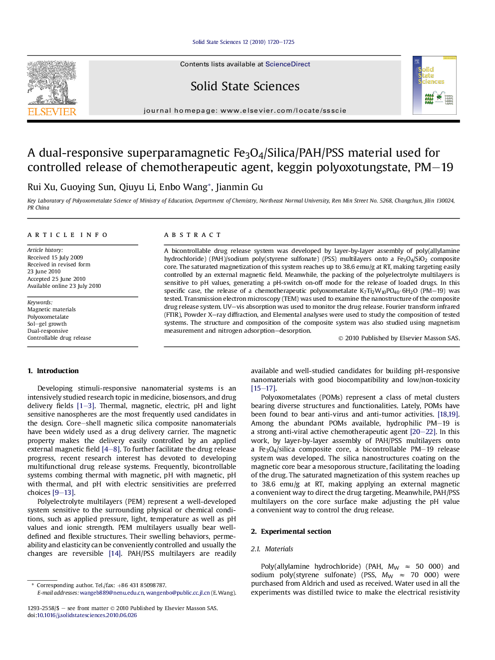 A dual-responsive superparamagnetic Fe3O4/Silica/PAH/PSS material used for controlled release of chemotherapeutic agent, keggin polyoxotungstate, PM–19