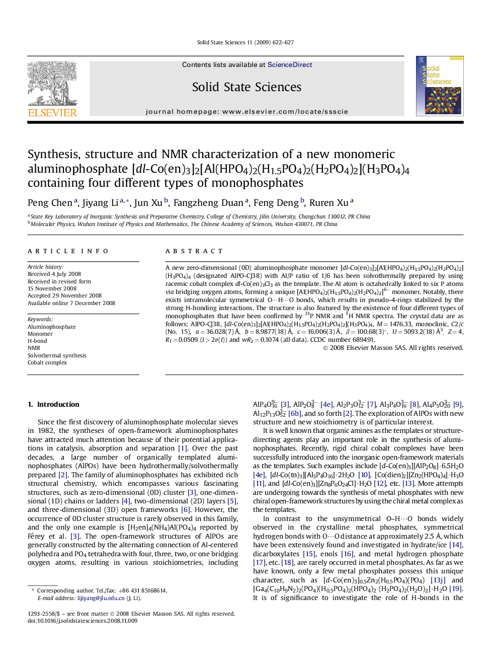 Synthesis, structure and NMR characterization of a new monomeric aluminophosphate [dl-Co(en)3]2[Al(HPO4)2(H1.5PO4)2(H2PO4)2](H3PO4)4 containing four different types of monophosphates