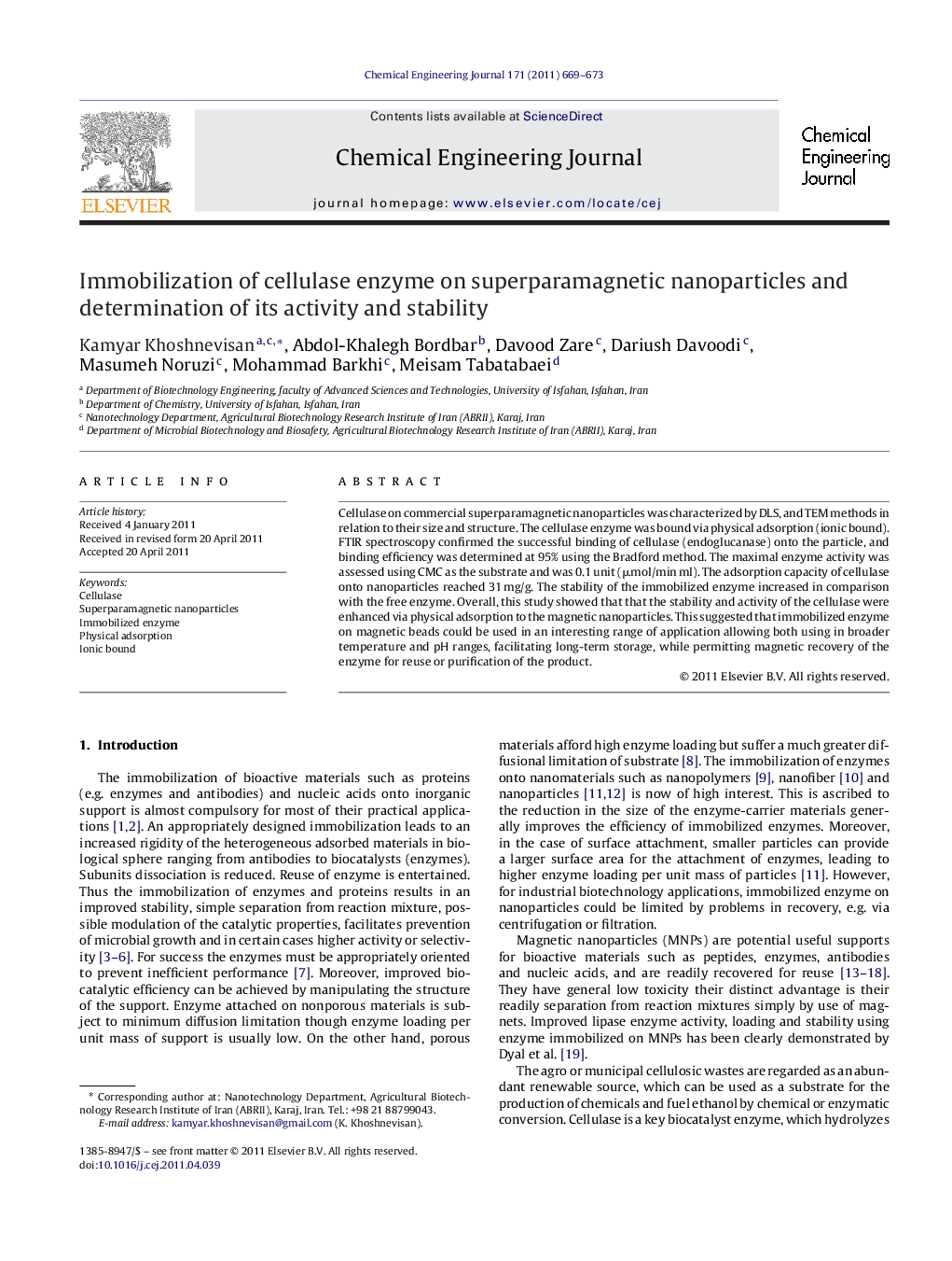 Immobilization of cellulase enzyme on superparamagnetic nanoparticles and determination of its activity and stability