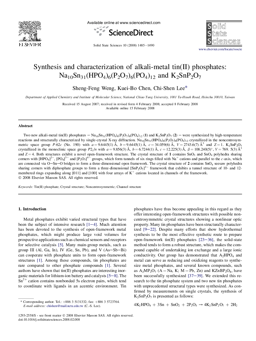 Synthesis and characterization of alkali-metal tin(II) phosphates: Na10Sn31(HPO4)6(P2O7)6(PO4)12 and K2SnP2O7