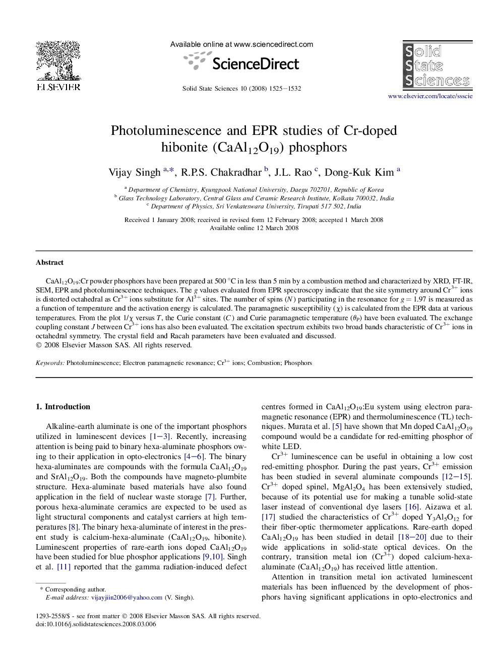 Photoluminescence and EPR studies of Cr-doped hibonite (CaAl12O19) phosphors