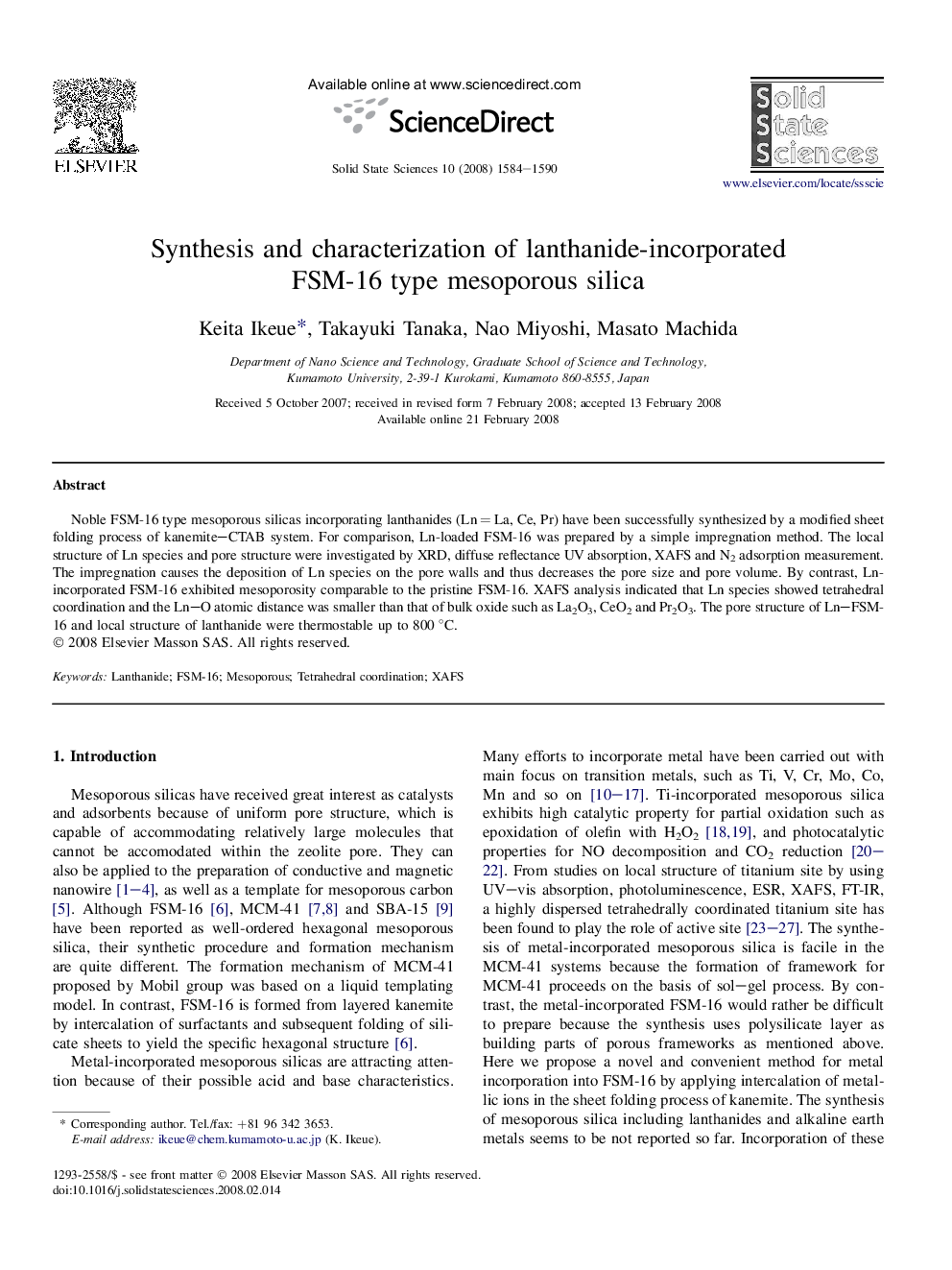 Synthesis and characterization of lanthanide-incorporated FSM-16 type mesoporous silica