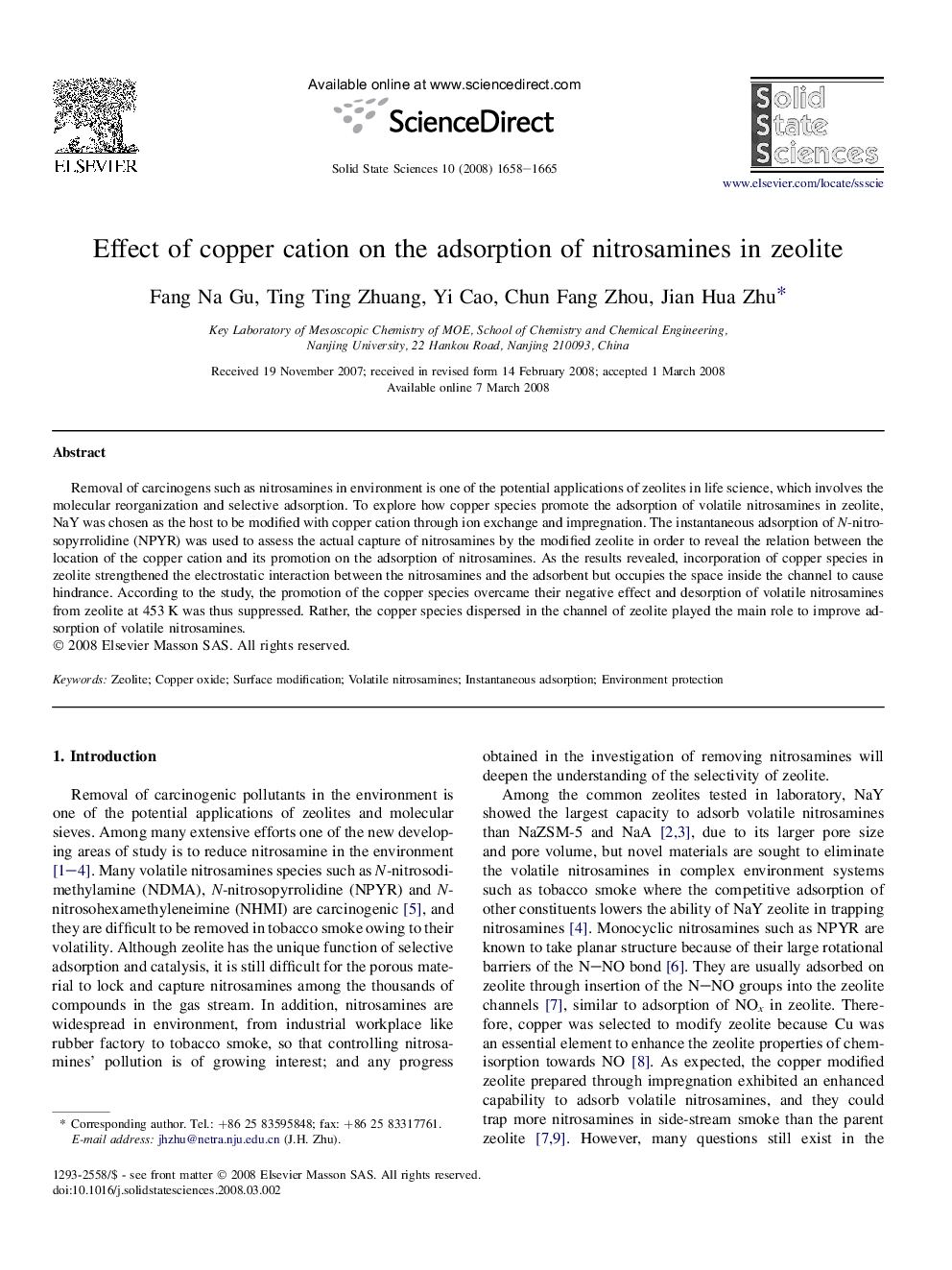 Effect of copper cation on the adsorption of nitrosamines in zeolite