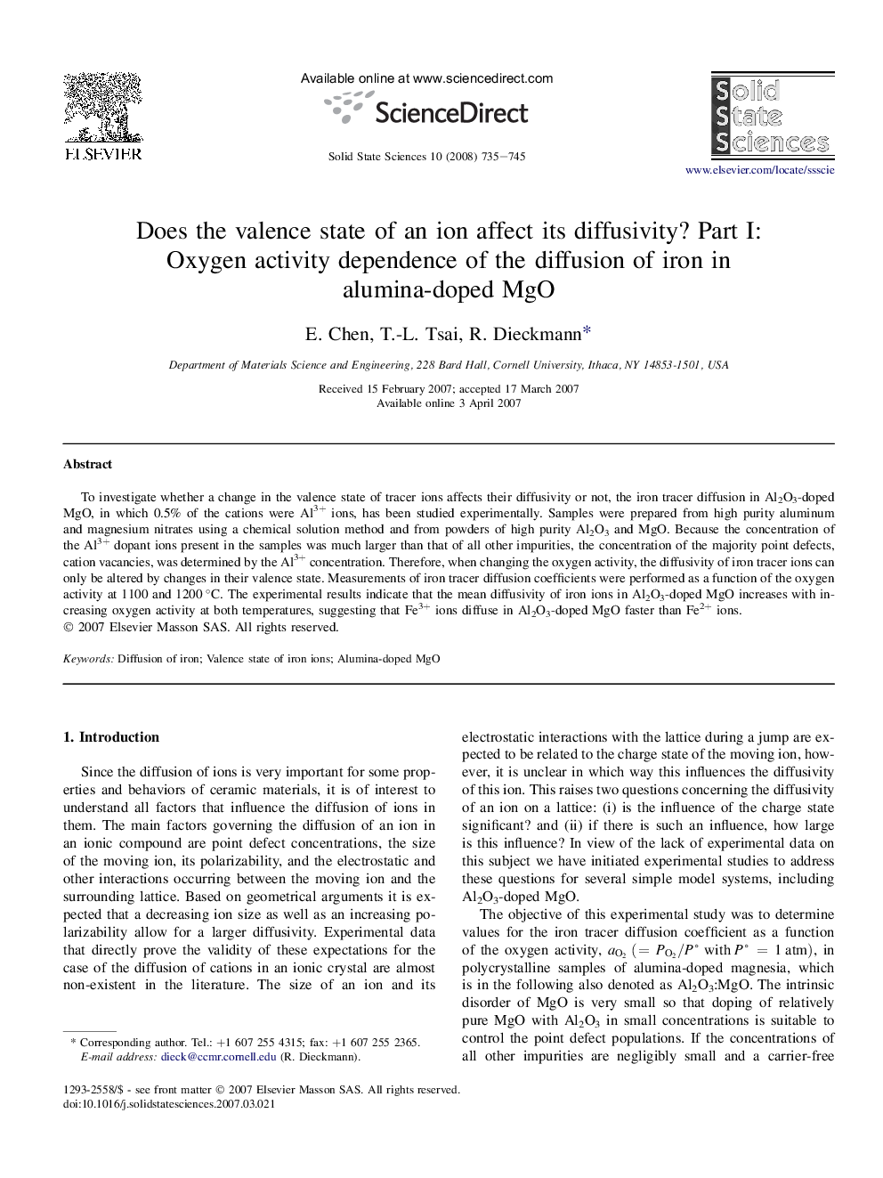 عکس صفحه اول مقاله: Does the valence state of an ion affect its diffusivity? Part I: Oxygen activity dependence of the diffusion of iron in alumina-doped MgO Does the valence state of an ion affect its diffusivity? Part I: Oxygen activity dependence of the diffusion of iron in alumina-doped MgO