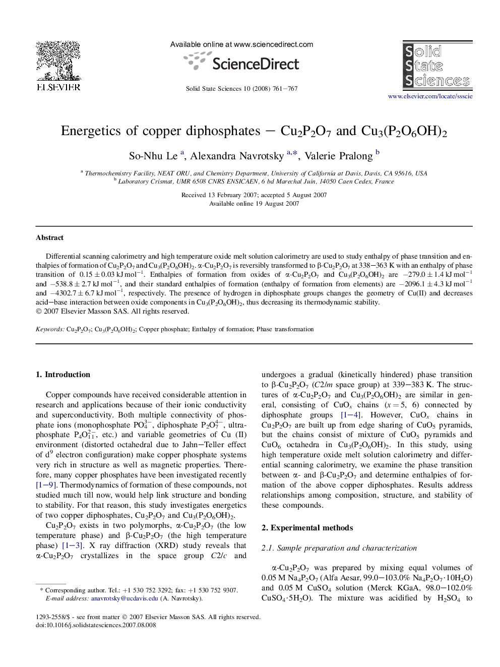 Energetics of copper diphosphates – Cu2P2O7 and Cu3(P2O6OH)2