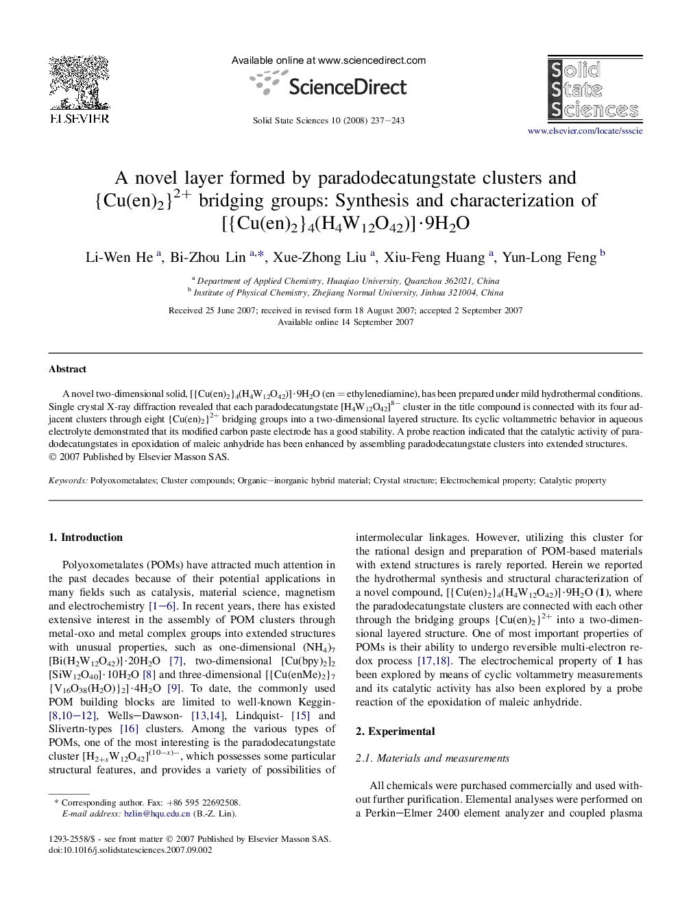 A novel layer formed by paradodecatungstate clusters and {Cu(en)2}2+ bridging groups: Synthesis and characterization of [{Cu(en)2}4(H4W12O42)]·9H2O