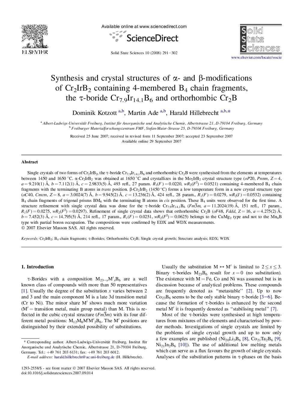 Synthesis and crystal structures of α- and β-modifications of Cr2IrB2 containing 4-membered B4 chain fragments, the τ-boride Cr7.9Ir14.1B6 and orthorhombic Cr2B