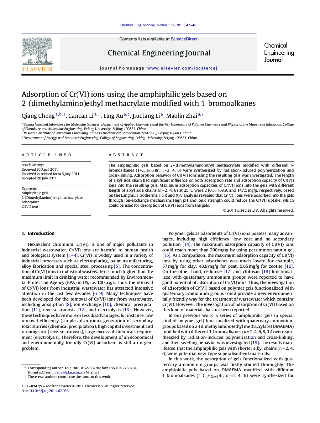 Adsorption of Cr(VI) ions using the amphiphilic gels based on 2-(dimethylamino)ethyl methacrylate modified with 1-bromoalkanes