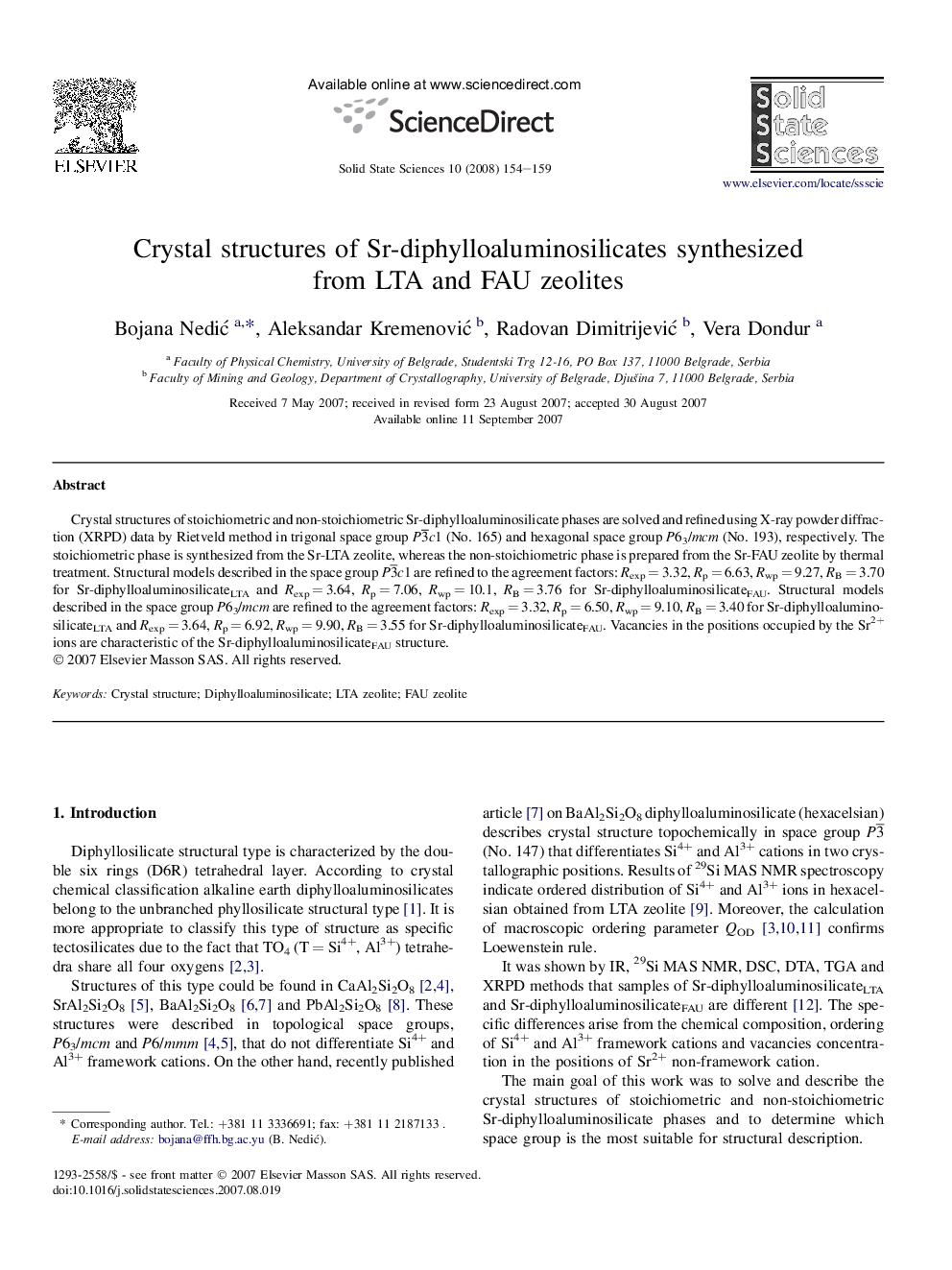 Crystal structures of Sr-diphylloaluminosilicates synthesized from LTA and FAU zeolites