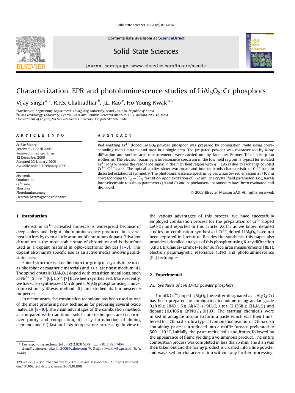 Characterization, EPR and photoluminescence studies of LiAl5O8:Cr phosphors